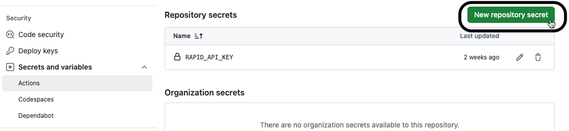 New Repository Secret Button